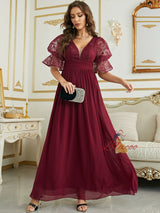 Burgundy Chiffon Short Sleeve Party Dress