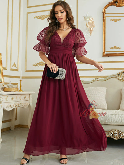 Burgundy Chiffon Short Sleeve Party Dress