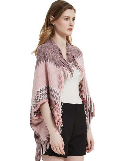 Ladies Knitted Bat Sleeve Fringed Shawl