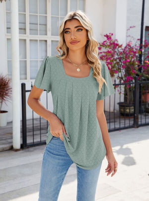 Solid Color Pleated Short Sleeve Loose T-shirt