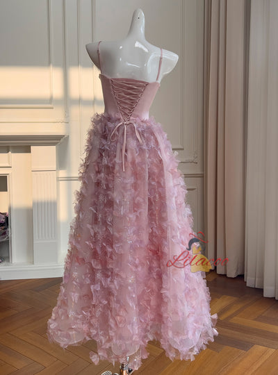 Pink Sequins Straps Sequins Flower Prom Dress