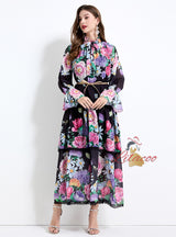 Horn Sleeve Button Printed Long Dress