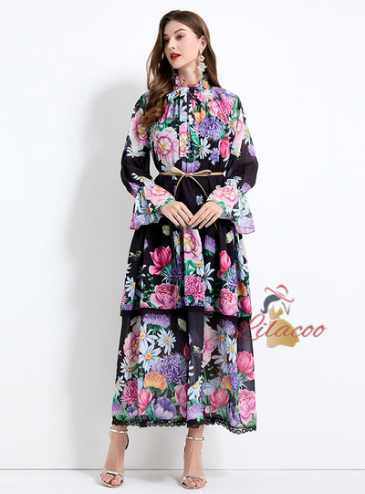 Horn Sleeve Button Printed Long Dress