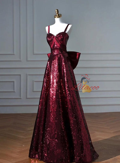 Burgundy Sequins Straps Bow Prom Dress