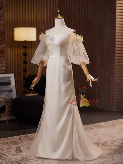 Light Champagne Puff Sleeve Flower Wedding Dress