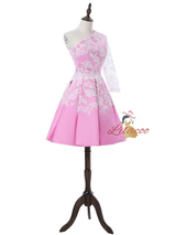 Pink Satin Lace One Shoulder Homecoming Dress