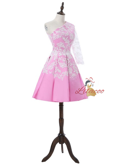 Pink Satin Lace One Shoulder Homecoming Dress