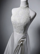 White Satin Lace Halter Wedding Dress