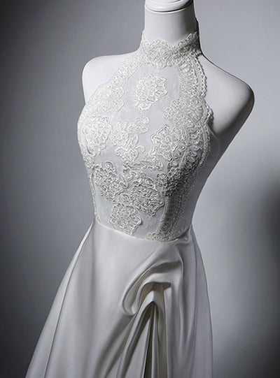 White Satin Lace Halter Wedding Dress