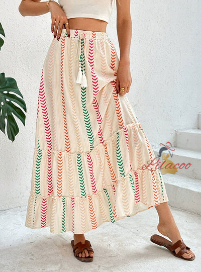 Contrast Printed Elastic Bohemian Stitching Skirt
