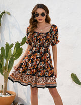 Bohemian Floral Print Short Sleeve Dress