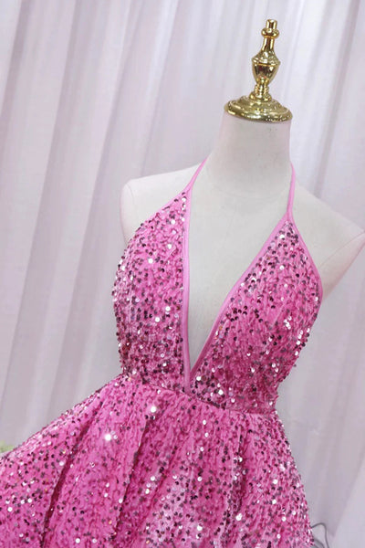 Pink Sequins Deep V-neck Homecoming Dress