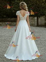 White Satin Cap Sleeve V-neck Wedding Dress