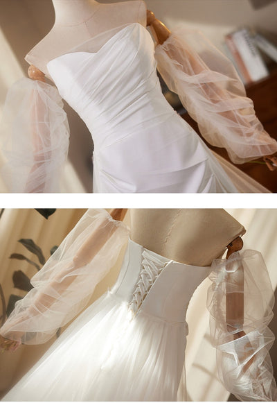 White Strapless Pleats Wedding Dress