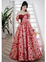 Burgundy Print Sequins Off the Shoulder Prom Dress