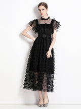 Lotus Leaf Lace Gauze Polka-dot Cake Dress