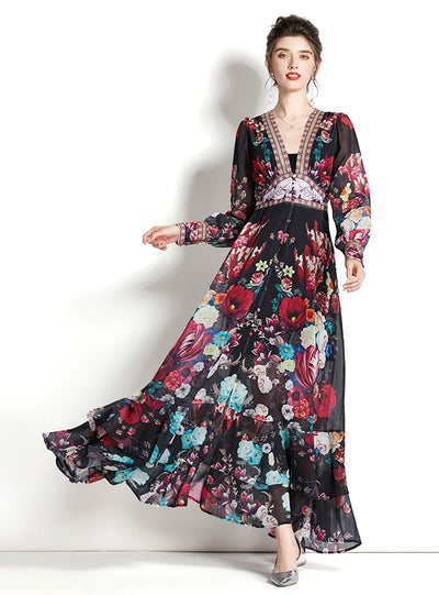 Long Sleeve Retro V-neck Lntern Sleeve Printed Dress