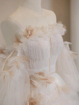 White Tulle Long Sleeve Pleats 3D Flower Prom Dress