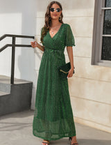 V-neck High Waist Split Short Sleeve Dress