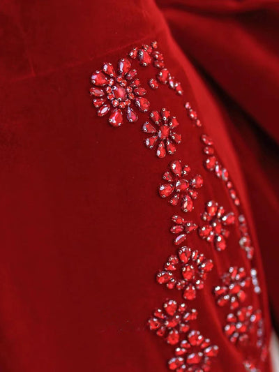 Burgundy Velvet Off the Shoulder Crystal Prom Dress