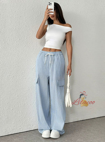 Women Casual Elastic Striped Pants