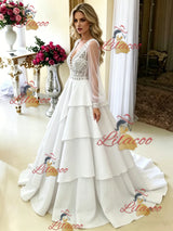 White V-neck Long Sleeve Wedding Dress