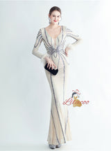 Long Sleeve Mermaid V-neck Sequins Prom Dress