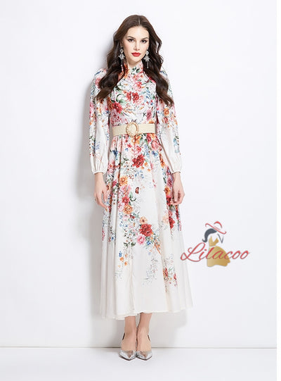 Lantern Sleeve Printed Big Swing Dress