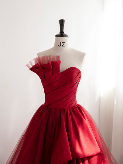 Burgundy Satin Tulle Pleats Prom Dress