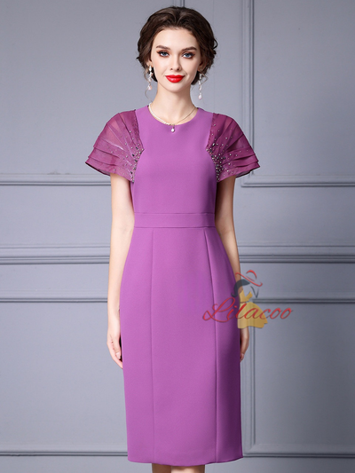 Purple Beading Pleats Mother Of The Bride Dress