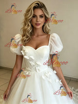 White Tulle Puff Sleeve Butterfly Wedding Dress