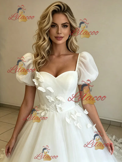 White Tulle Puff Sleeve Butterfly Wedding Dress