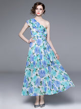 Flounce Sea Side Holiday Printed Chiffon Dress