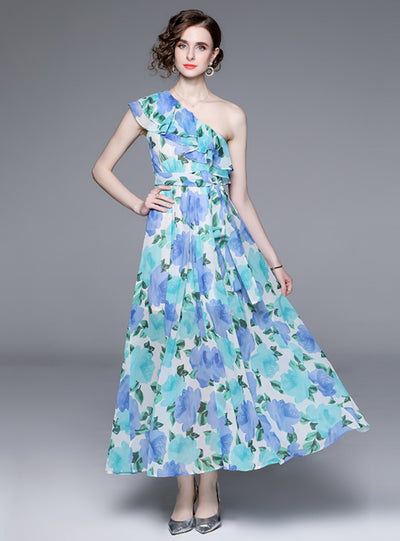 Flounce Sea Side Holiday Printed Chiffon Dress
