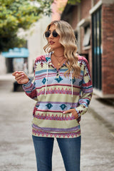 Geometric Pattern Long Sleeve Hooded Button Top