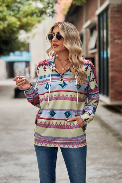 Geometric Pattern Long Sleeve Hooded Button Top