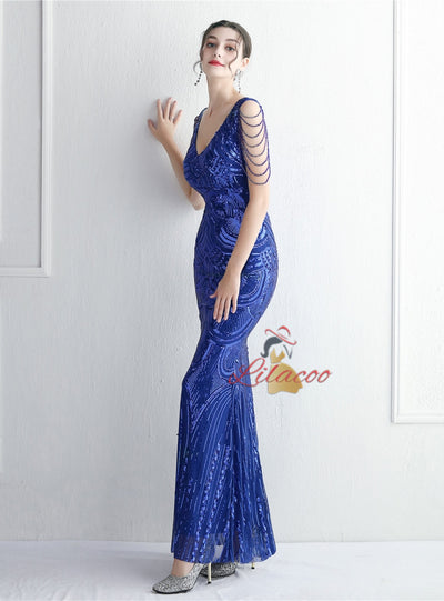 Mermaid V-neck Sequins Beading Prom Dress