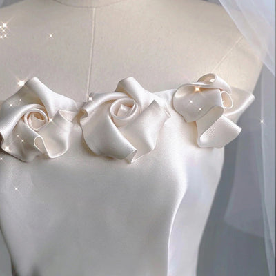 Simple White Satin Strapless Flower Wedding Dress