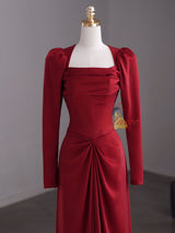Burgundy Long Sleeve Satin Pleats Prom Dress