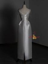 White Satin Straps Beading Wedding Dress