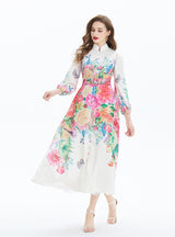Vintage Lantern Sleeve Printed Slim Dress