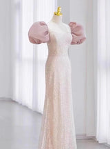 Pink Sequins Puff Sleeve Bow Prom Dress