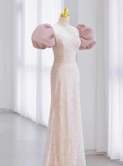 Pink Sequins Puff Sleeve Bow Prom Dress