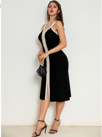 Contrast Stitching Slim V-neck Sling Dress