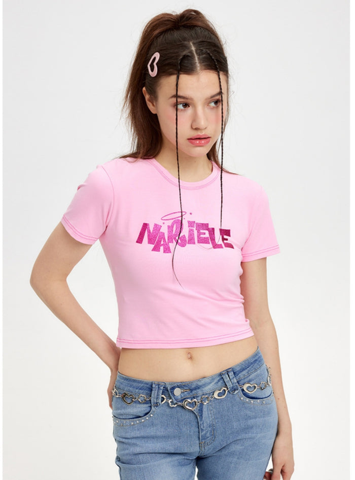 Short-sleeved Letter Printed Slim Round Neck T-shirt