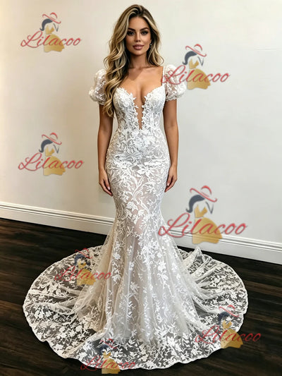 White Mermaid Lace Puff Sleeve Wedding Dress