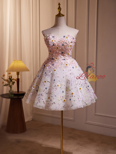 Pink Tulle Sequins Beading Homecoming Dress