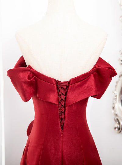 Burgundy Satin Pleats Split Prom Dress