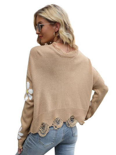 Hole Long Sleeve Loose Small Flower V-neck Sweater