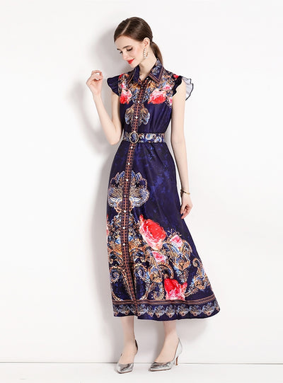 Printed Holiday Slim Long Dress